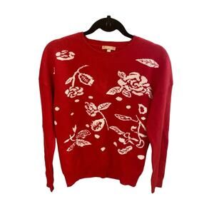 Kier and J 100% Cashmere Red Sweater With White Flowers Kier + J Sweater